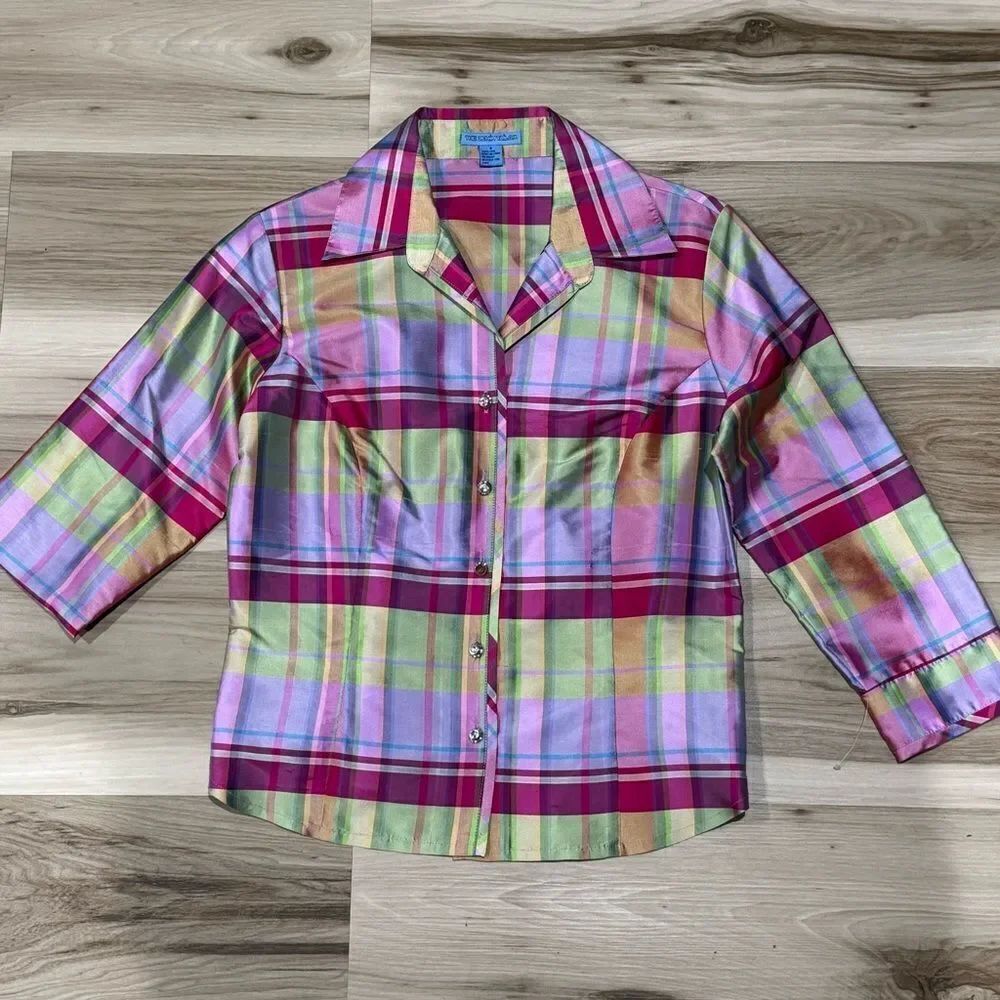 The Denim Tailor Silk Plaid Multicolored Button Up Blouse Top Women’s 6